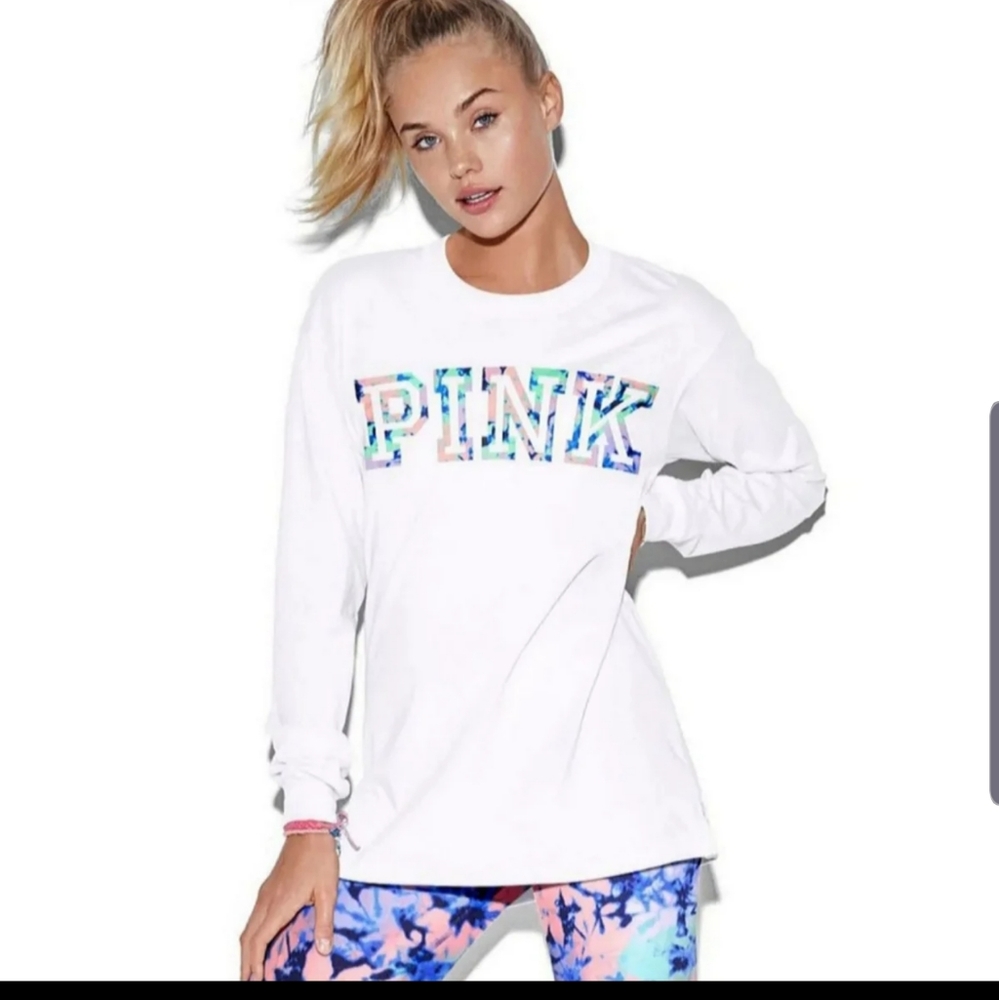 VS PINK Watercolor Logo Campus Long Sleeve Tee